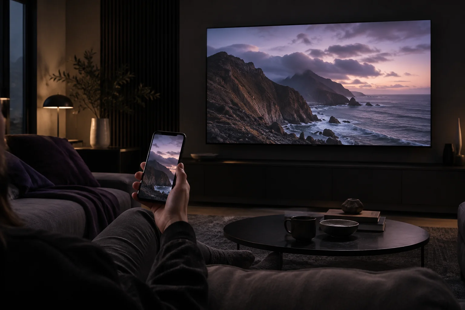 Premium oturma odasında Connected TV ve mobil ekran